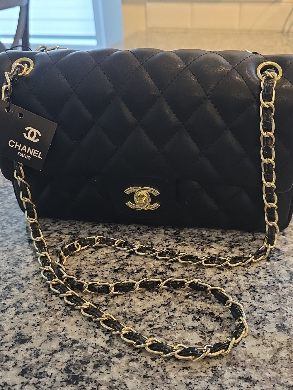 Black Quilted Un Authentic Leather Shoulder Bag with Gold Chain